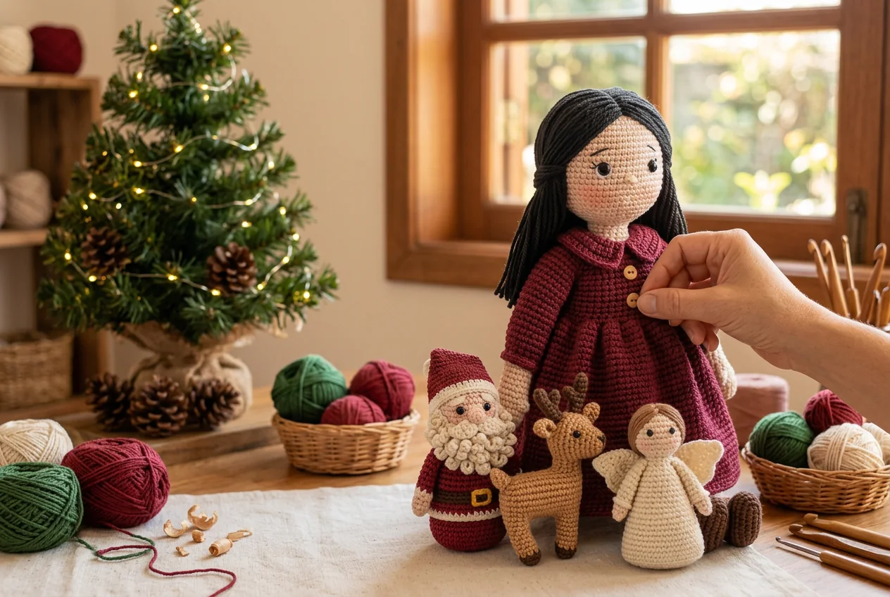 Boneca natalina e peças de crochê feitas à mão